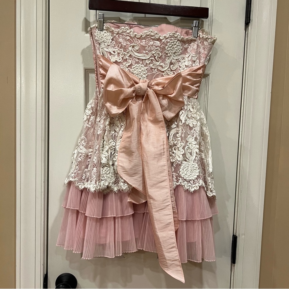Vintage Betsey Johnson Lace Pink Strapless Mini Dress Lacey Tea Party Tulle Bow - Picture 9 of 14